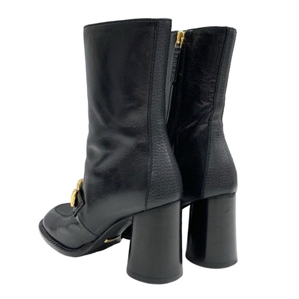 Gucci Boots Short Boots Shoes Leather Black Gold Chain Belt - Picture 4 of 10